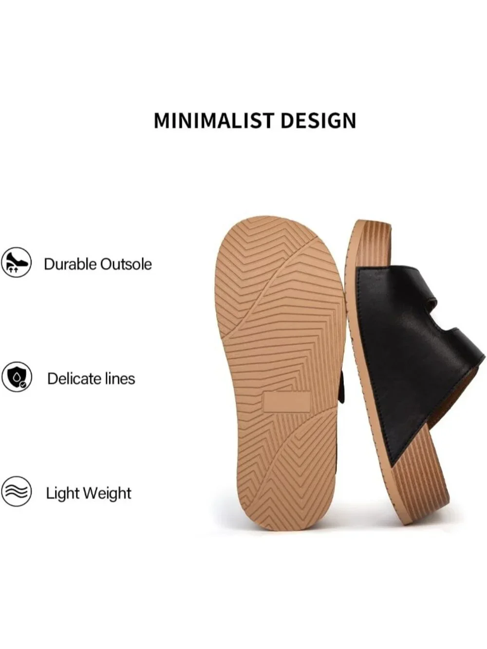 Women's Black Genuine Leather Slip on Beach Slide Buckle Platform Sandal Shoes